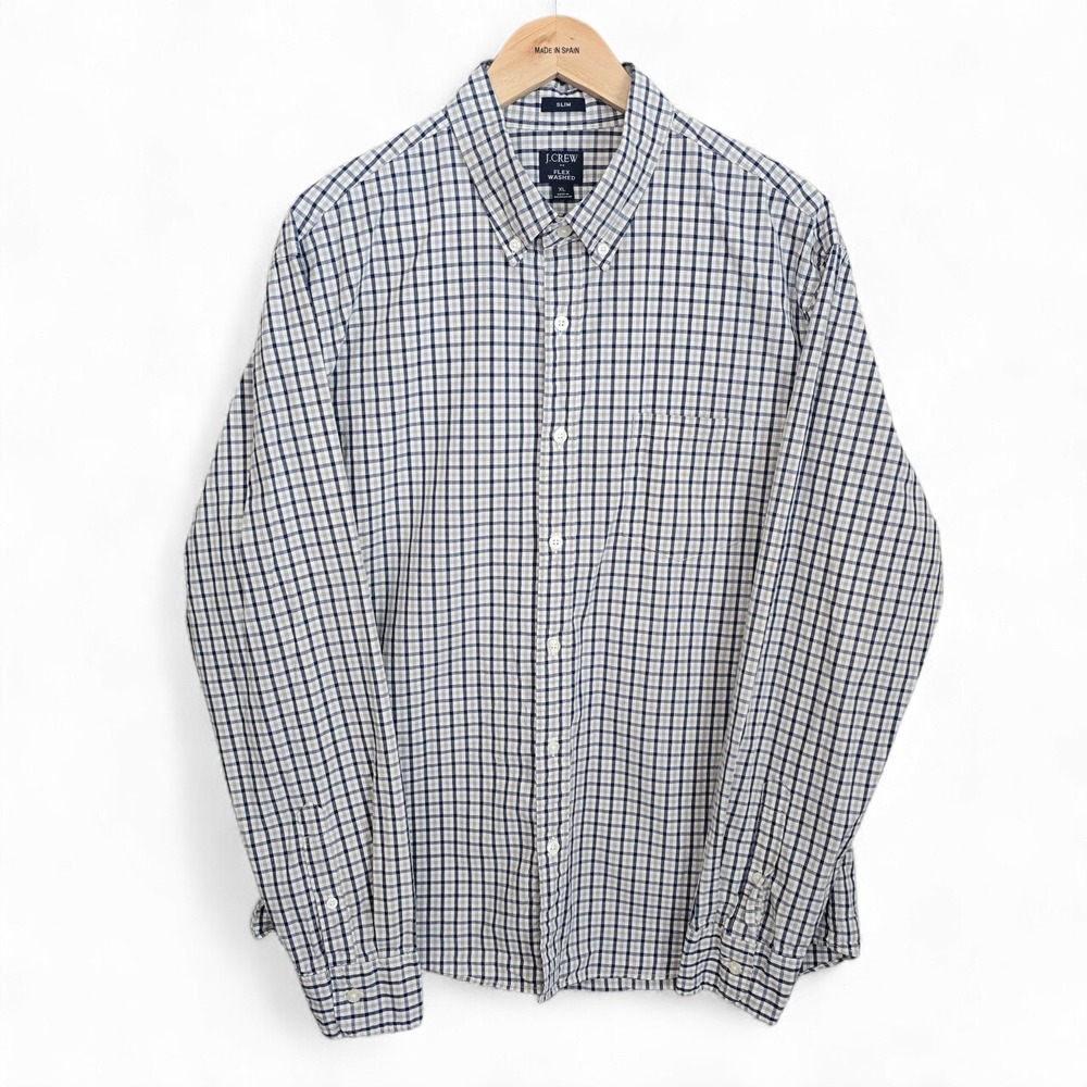J Crew Shirt Mens XL Blue‎ Check Button Down Slim Fit Flex Washed Long Sleeve